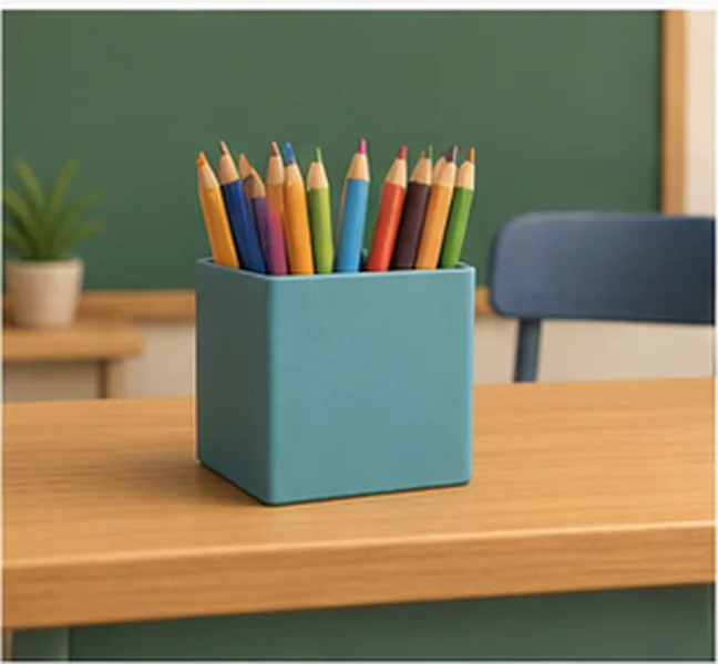 a box of pencils on the teacher's desk