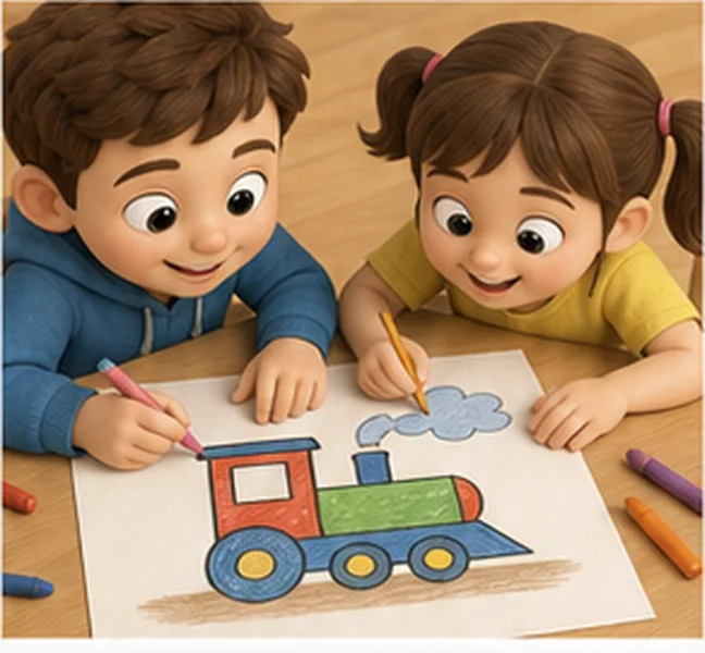 the children drawing a train