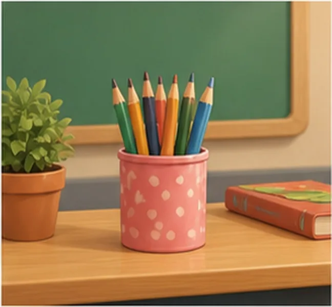 a box of pencils on the teacher's desk