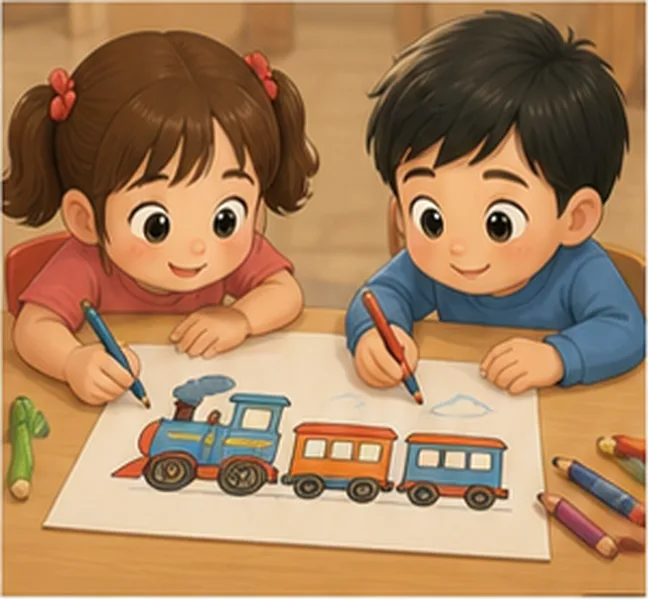 the children drawing a train
