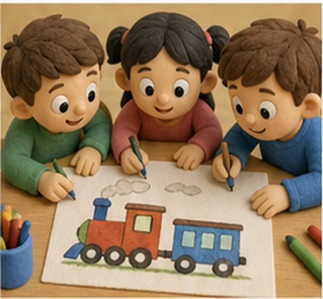 the children drawing a train
