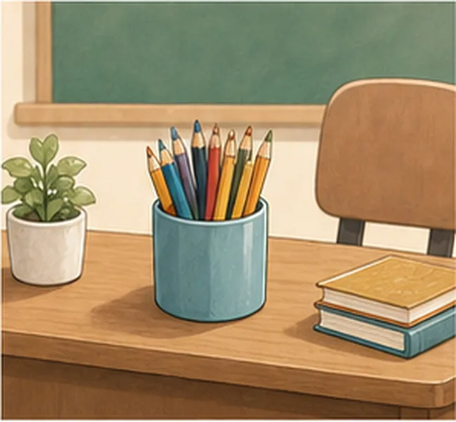 a box of pencils on the teacher's desk