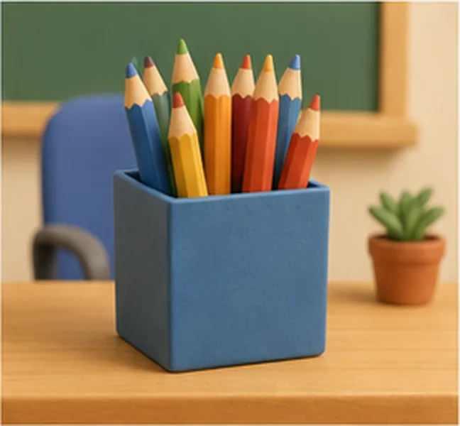 a box of pencils on the teacher's desk