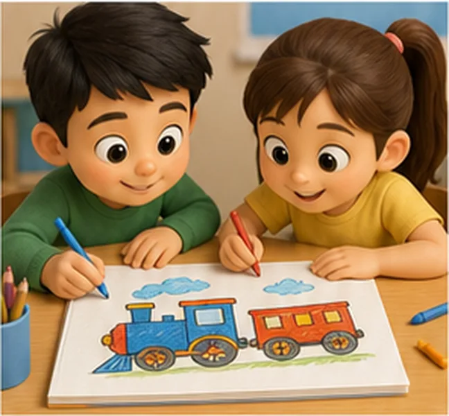 the children drawing a train