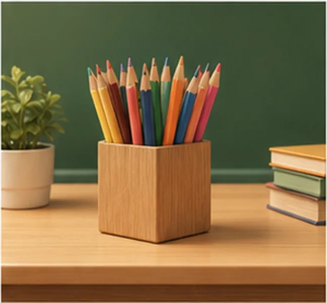 a box of pencils on the teacher's desk