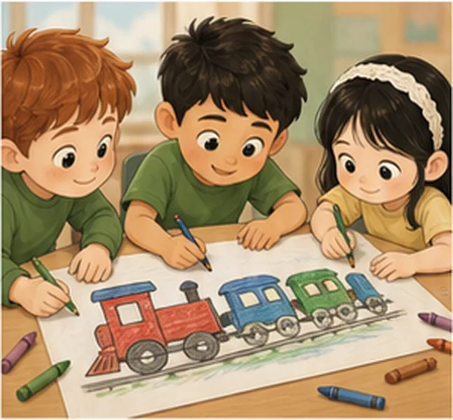 the children drawing a train