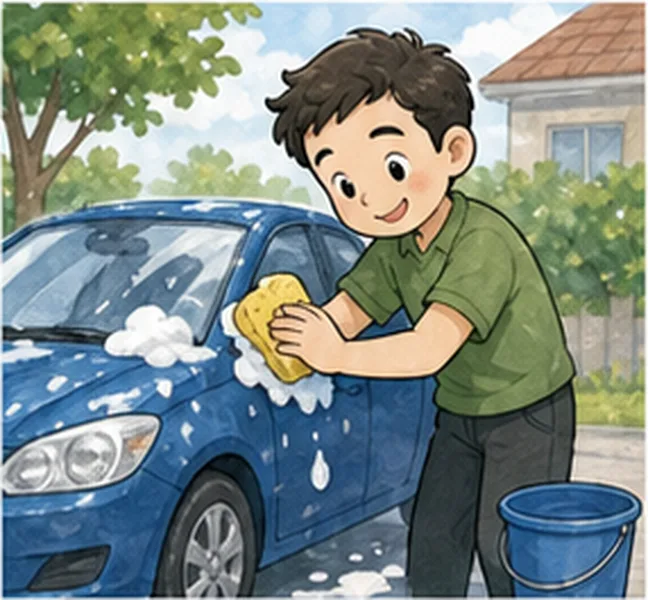 Dad washing the car