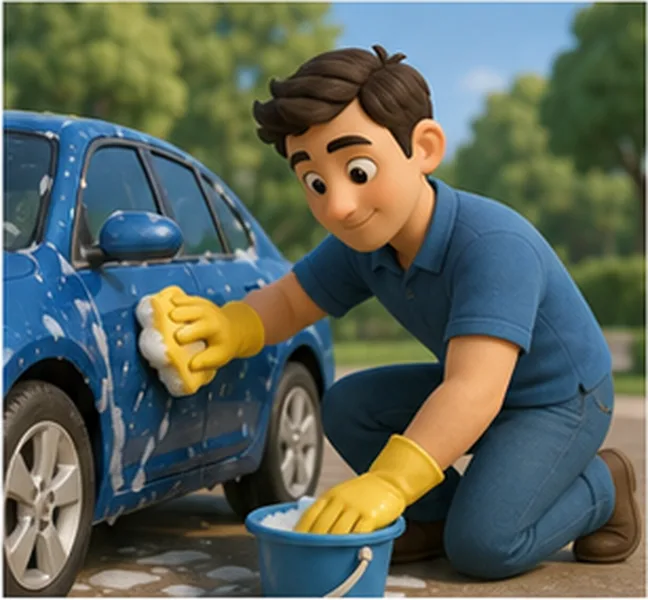 Dad washing the car