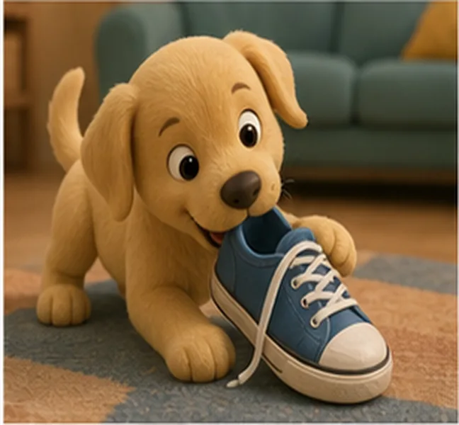 the dog playing with a shoe