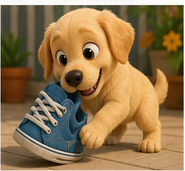 the dog playing with a shoe