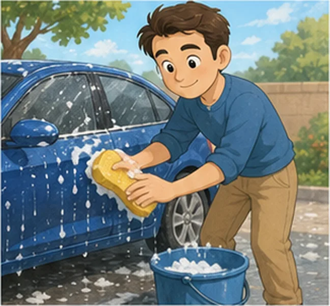 Dad washing the car
