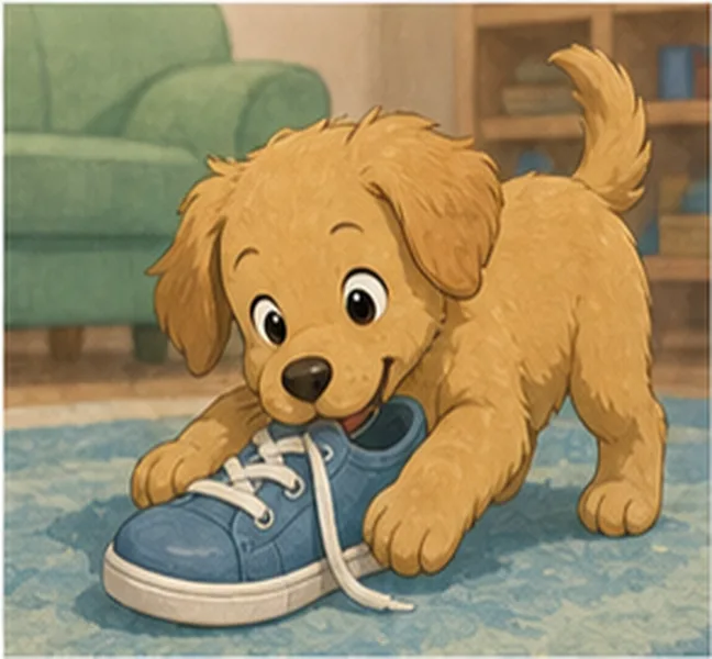 the dog playing with a shoe