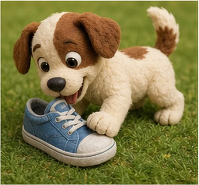 the dog playing with a shoe