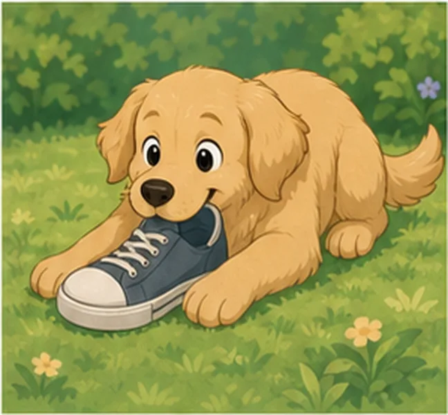 the dog playing with a shoe