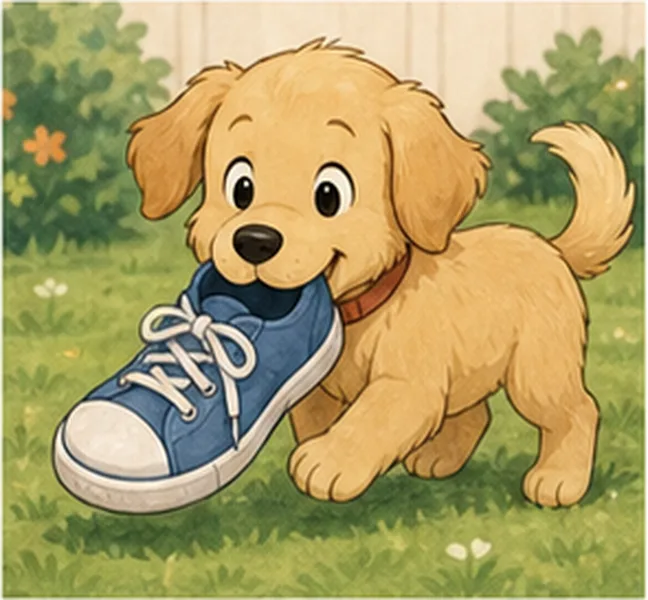 the dog playing with a shoe