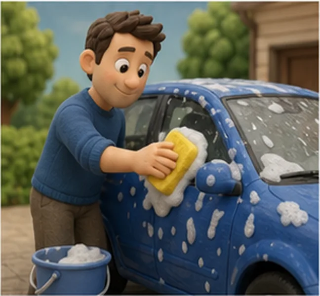 Dad washing the car