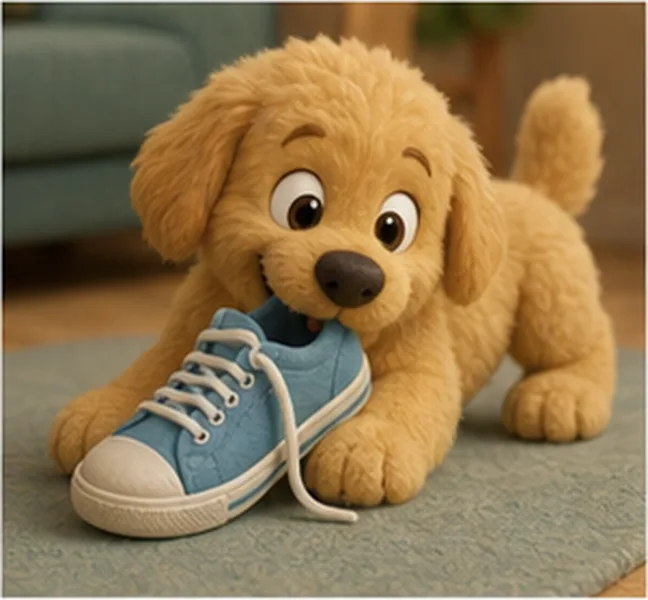 the dog playing with a shoe