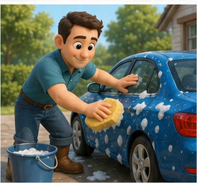 Dad washing the car