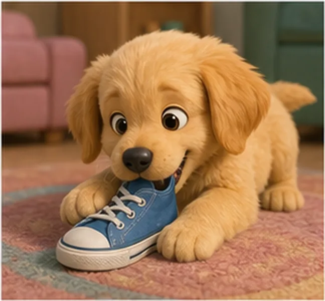 the dog playing with a shoe