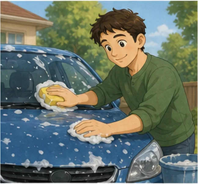 Dad washing the car