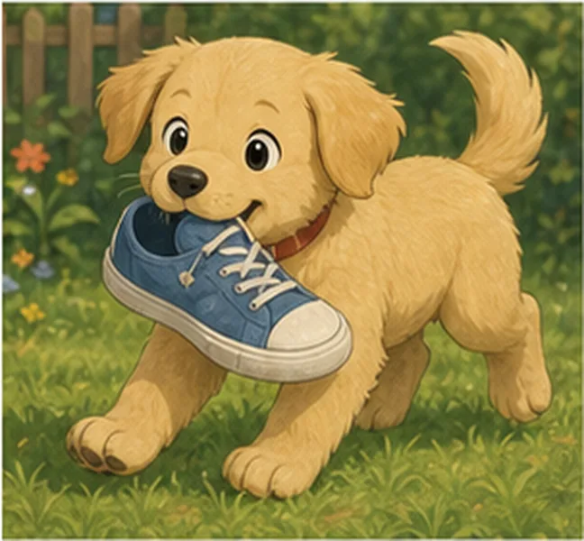 the dog playing with a shoe