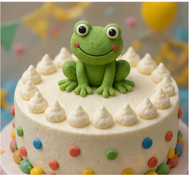 a green frog on the birthday cake
