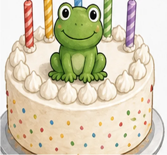 a green frog on the birthday cake