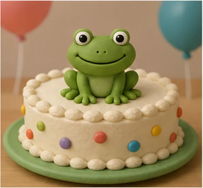 a green frog on the birthday cake
