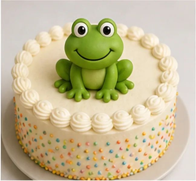 a green frog on the birthday cake