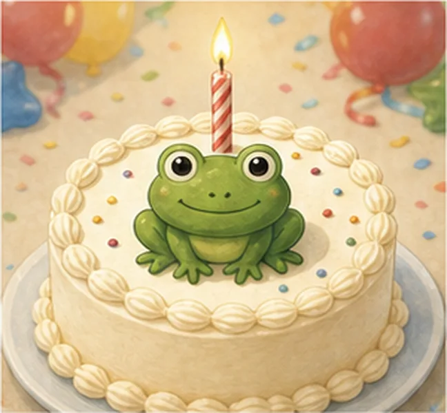 a green frog on the birthday cake