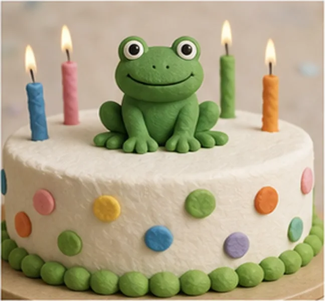 a green frog on the birthday cake
