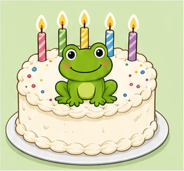 a green frog on the birthday cake