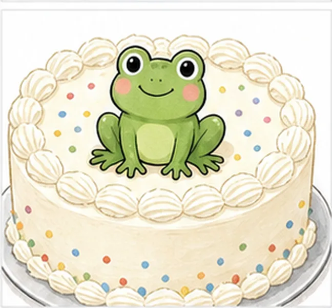 a green frog on the birthday cake