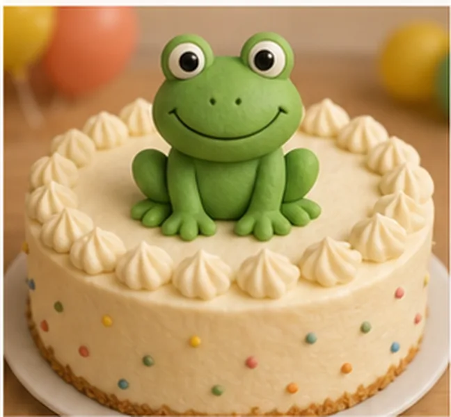 a green frog on the birthday cake