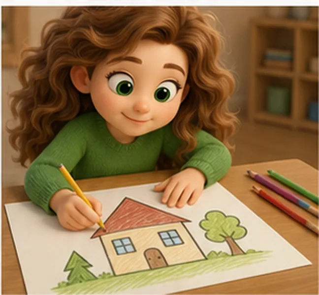 the girl drawing a house