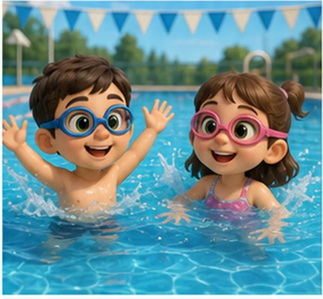 the children swimming in a pool