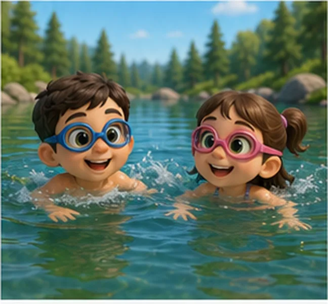 the children swimming in a lake