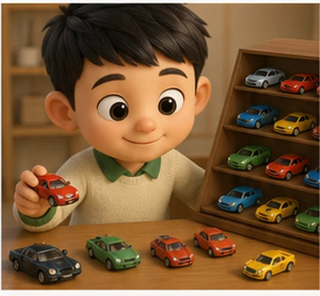 the boy collecting toy cars