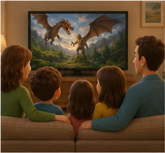 the family watching a film on television