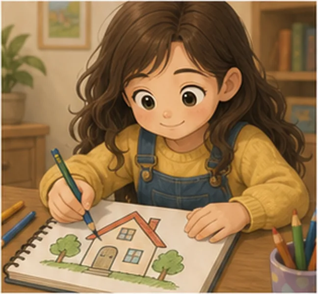 the girl drawing a house