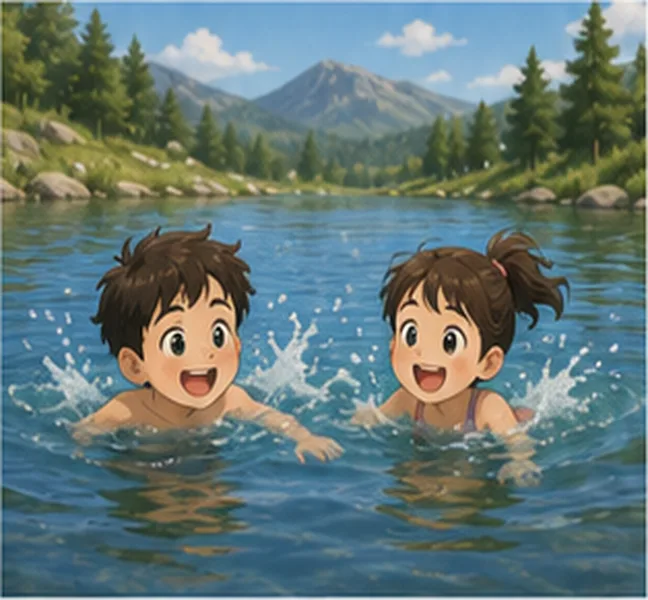 the children swimming in a lake