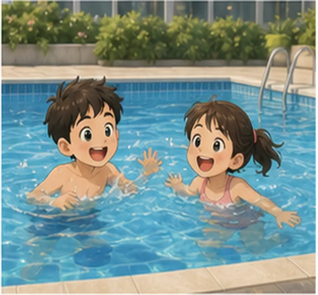 the children swimming in a pool