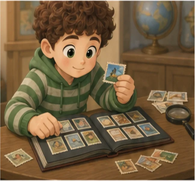 the boy collecting stamps