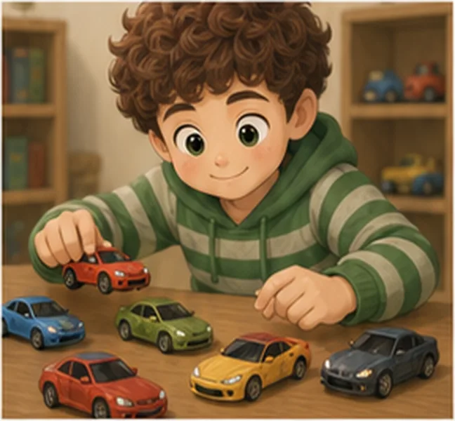the boy collecting toy cars