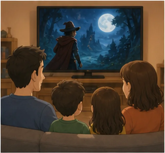 the family watching a film on television