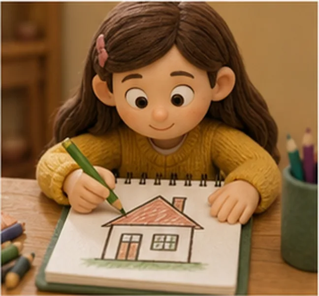 the girl drawing a house