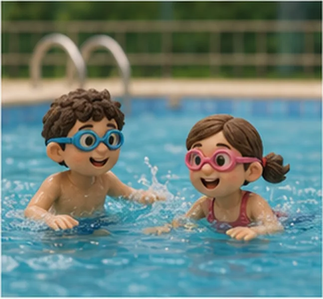 the children swimming in a pool