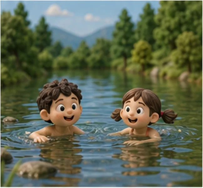 the children swimming in a lake