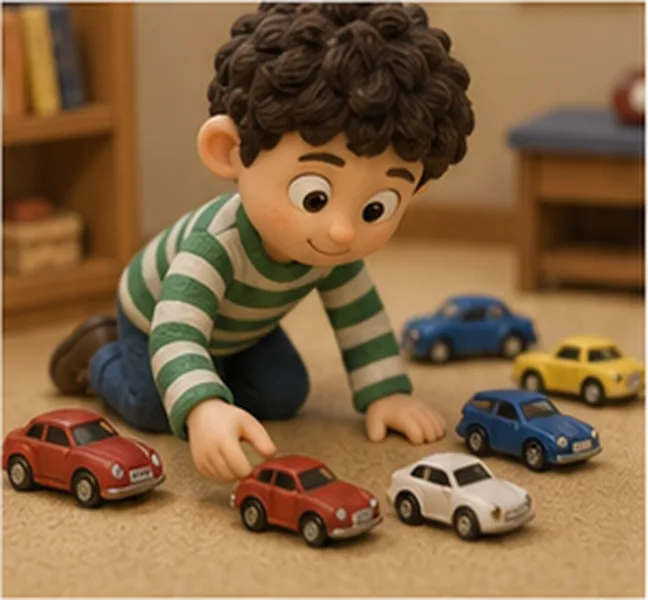 the boy collecting toy cars
