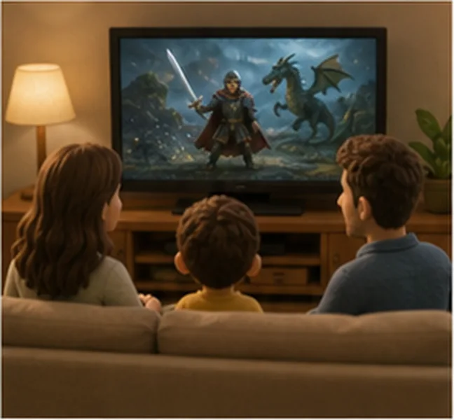 the family watching a film on television